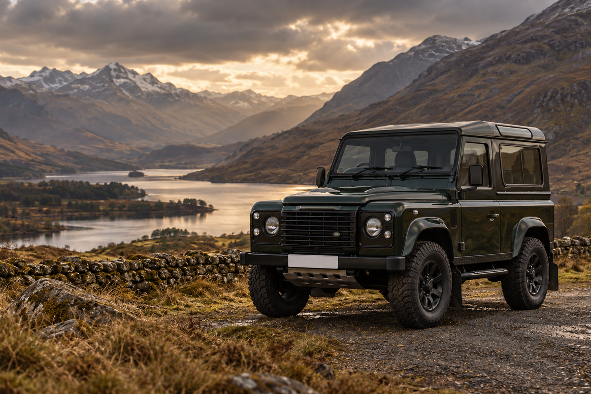 Green Land Rover Defender in a Highland landscape